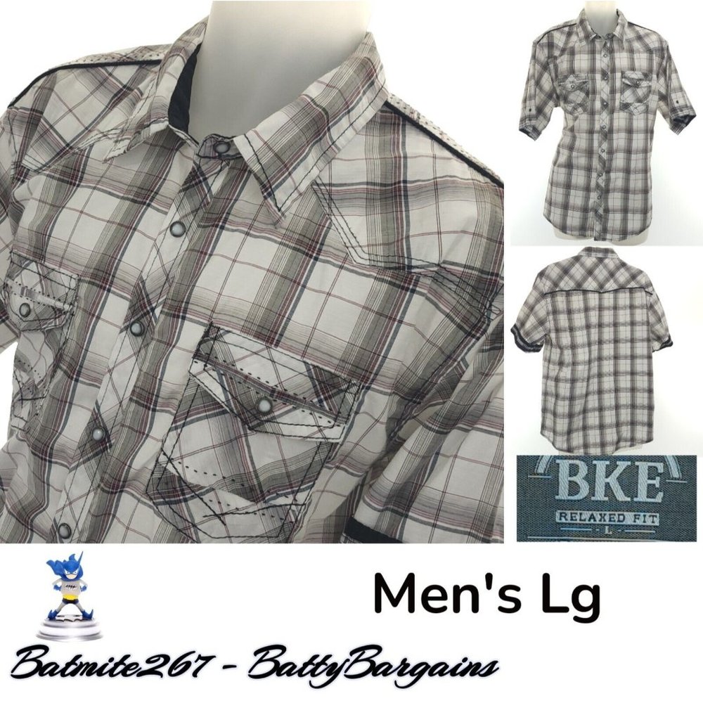 BKE Buckle Mens L Pearl Snap Relaxed Fit Shirt Gray Plaid S/S Up Western